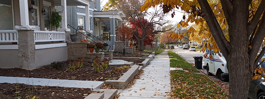 Neighborhood street during fall with new sidewalk and houses with steps on the left side and trees with different color leaves