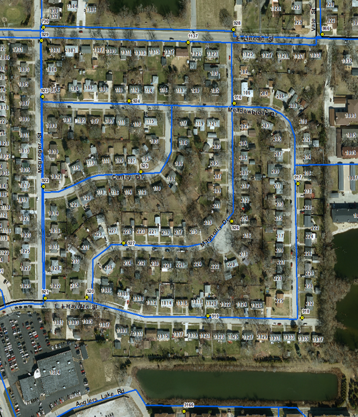 Map of water mains in Meadowbrook Subdivision